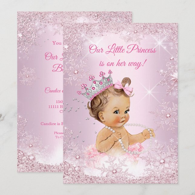 Invitation Fête de naissance de bébé princesse flocon de neig (Devant / Derrière)