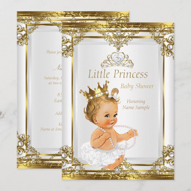 Invitation Fête de naissance de bébé princesse perle blanche  (Devant / Derrière)