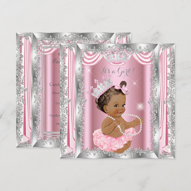 Invitation Fête de naissance de bébé princesse Rose Argent Ba (Devant / Derrière)