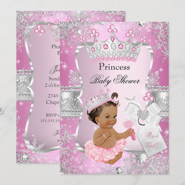 Invitation Fête de naissance de Bébé Princesse Rose Argentée  (Devant / Derrière)