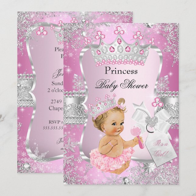 Invitation Fête de naissance de Bébé Princesse Rose Argentée  (Devant / Derrière)