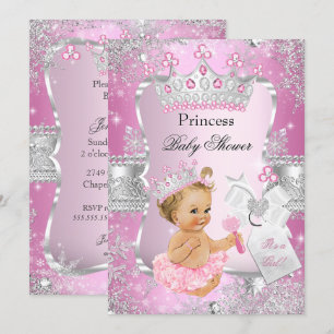 Invitation Fête de naissance de Bébé Princesse Rose Argentée 