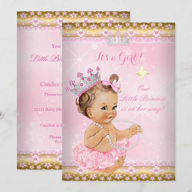 Invitation Fête de naissance de bébé princesse Tutu rose Tiar (Devant / Derrière)