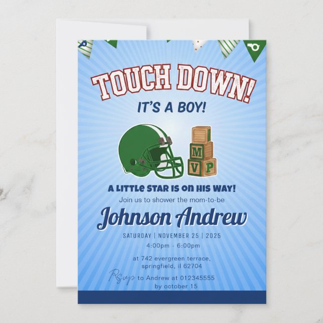 Invitation Fête de naissance de bébé sur le thème du football (Devant)
