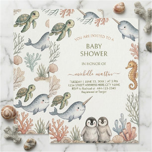 Invitation Fête de naissance de bébé Tortue de mer Licorne de