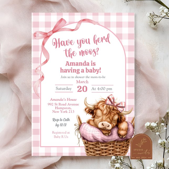 Invitation Fête de naissance de bébé vache à carreaux rose pr (Créateur téléchargé)