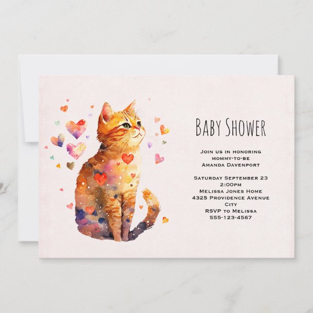 Invitation Fête de naissance de chat tigré mignon avec des cœ (Devant)