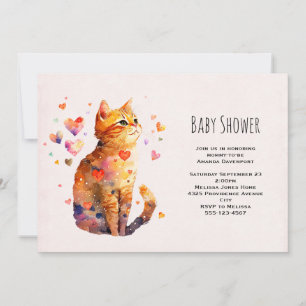 Invitation Fête de naissance de chat tigré mignon avec des cœ