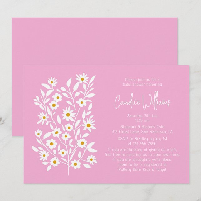 Invitation Fête de Naissance de Couple aux Fleurs Roses Moder (Devant / Derrière)