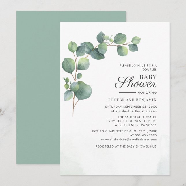 Invitation Fête de naissance de couple botanique moderne Euca (Devant / Derrière)