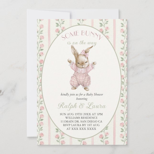 Invitation Fête de naissance de fille au lapin rose (Devant)