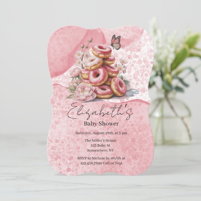 Invitation Fête de naissance de fille aux donuts roses et pap (Debout devant)