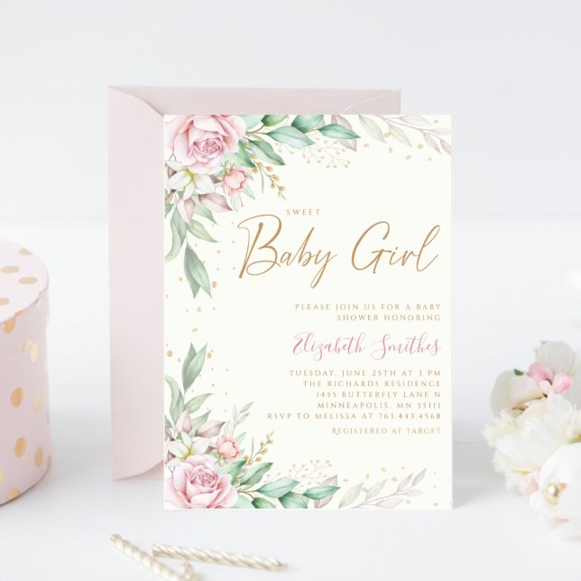 Invitation Fête de naissance de fille Boho Blush Rose Floral  (Créateur téléchargé)