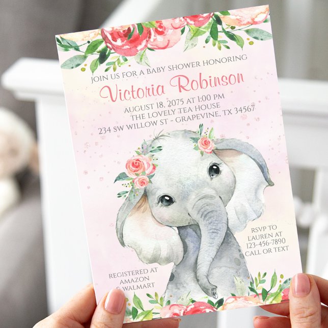Invitation Fête de naissance de fille éléphant floral (Créateur téléchargé)