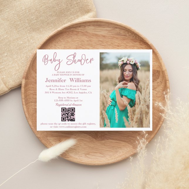Invitation fête de naissance de fille rose code qr photo écri (Créateur téléchargé)