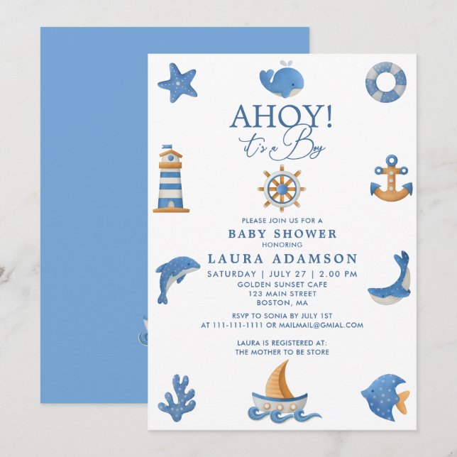 Invitation Fête de Naissance de Garçon de Marin Océanique Nau (Devant / Derrière)