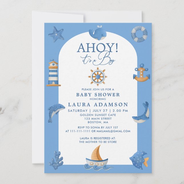 Invitation Fête de Naissance de Garçon Ohé Marin Nautical (Devant)