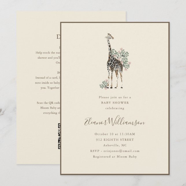 Invitation Fête de naissance de girafe aquarelle florale rose (Devant / Derrière)
