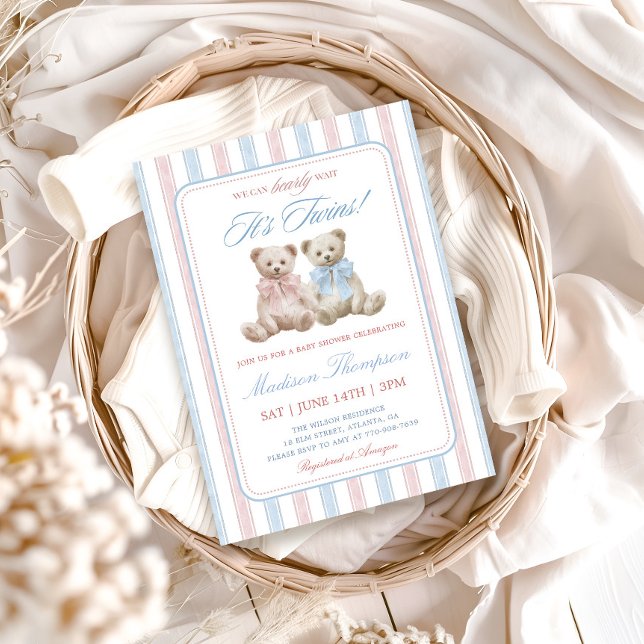 Invitation Fête de naissance de jolis oursons jumeaux Grandmi (Créateur téléchargé)