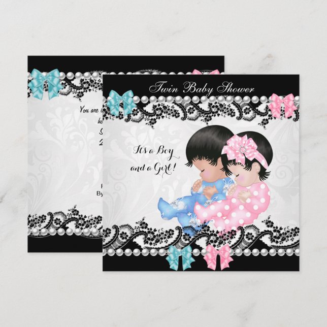 Invitation Fête de naissance de jumeaux Bébé fille mignonne R (Devant / Derrière)