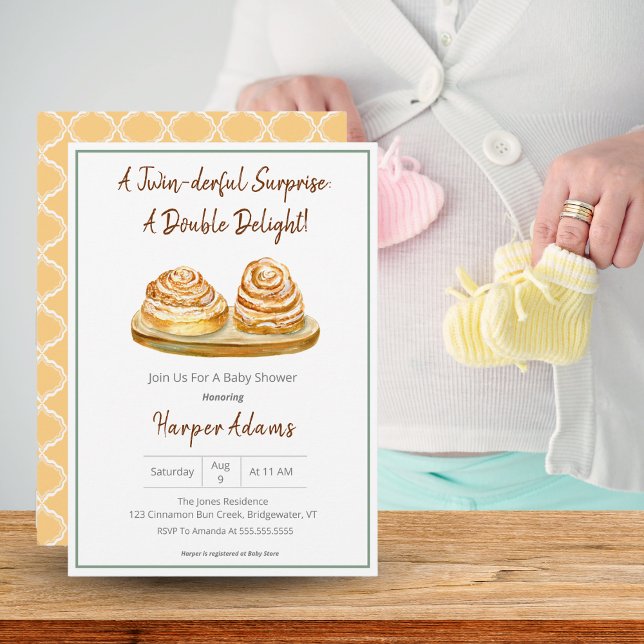 Invitation Fête de naissance de jumeaux Buns Cinnamon Boho Co (A cute Twins Baby Shower invitation with Cinnamon Buns!! )