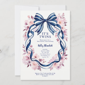 Invitation Fête de naissance de jumeaux Coquette Bleu Nuit