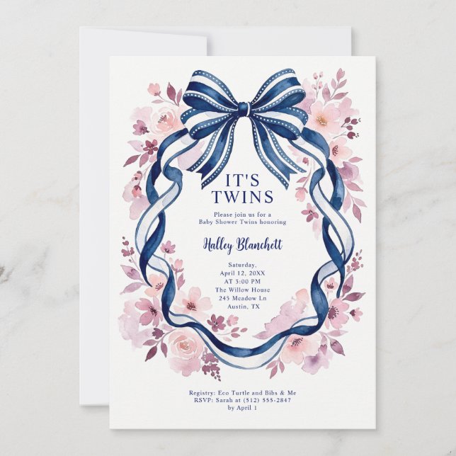 Invitation Fête de naissance de jumeaux Coquette Bleu Nuit (Devant)