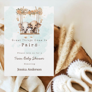 Invitation Fête de Naissance de Jumeaux Éléphant Bébé Mignon 