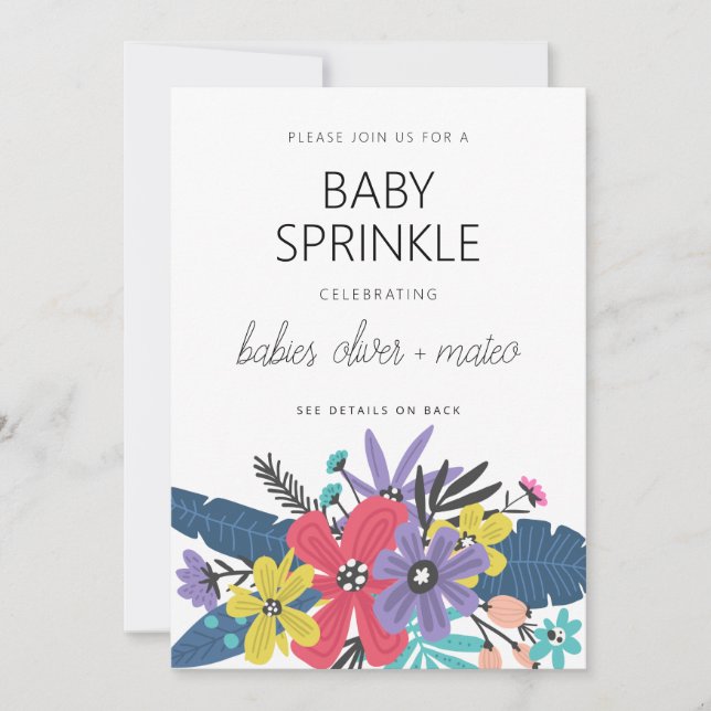 Invitation Fête de naissance de jumeaux garçon Fleurs Boho Mo (Devant)