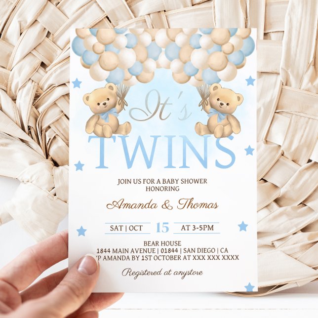 Invitation Fête de naissance de jumeaux garçons ours bleu bal (Créateur téléchargé)