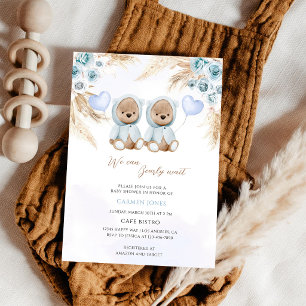 Invitation Fête de naissance de jumeaux garçons Ourson en pel