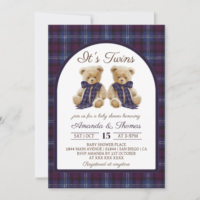 Invitation Fête de naissance de jumeaux luxe tartan ours (Devant)