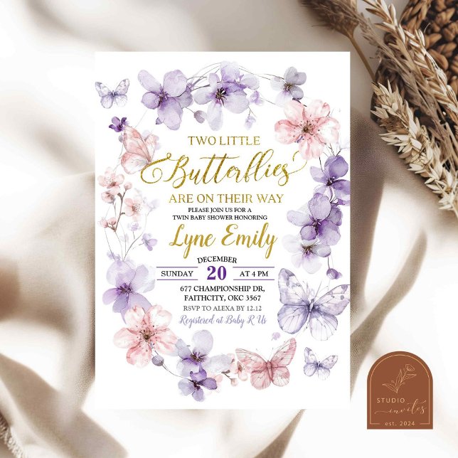 Invitation Fête de naissance de jumeaux papillon floral rose  (Créateur téléchargé)
