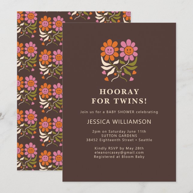 Invitation Fête de naissance de jumeaux Retro Boho Smile Flor (Devant / Derrière)