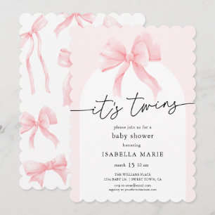 Invitation Fête de naissance de jumelles avec un nœud rose Co