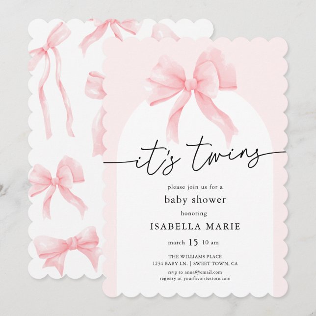 Invitation Fête de naissance de jumelles avec un nœud rose Co (Devant / Derrière)