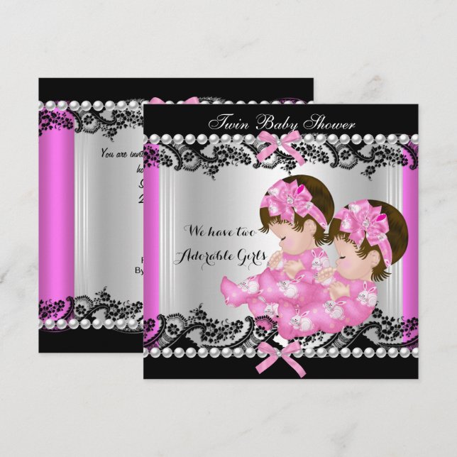 Invitation Fête de naissance de jumelles bébé fille Rose Chau (Devant / Derrière)