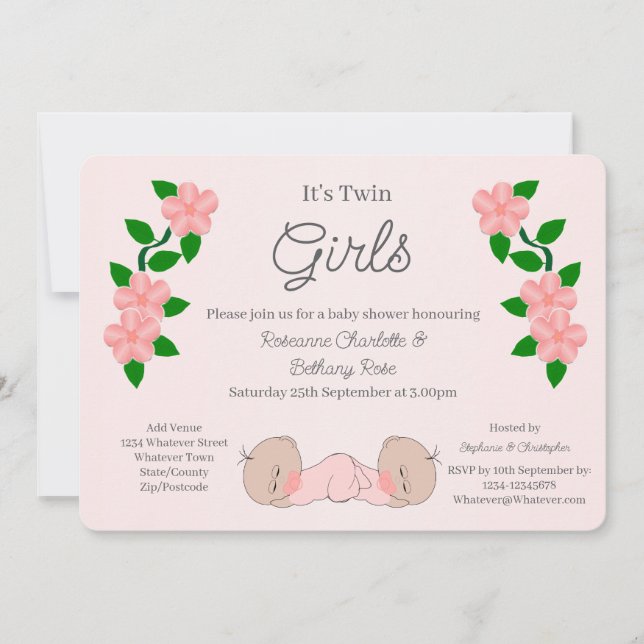 Invitation Fête de naissance de jumelles bébés filles (Devant)