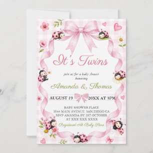 Invitation Fête de naissance de jumelles fille coccinelle ros