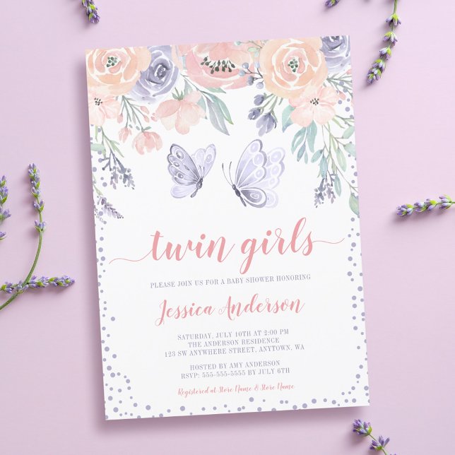 Invitation Fête de naissance de jumelles papillon floral viol (Créateur téléchargé)