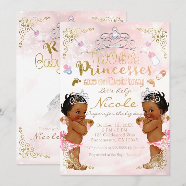 Invitation Fête de naissance de jumelles princesse rose ethni (Devant / Derrière)