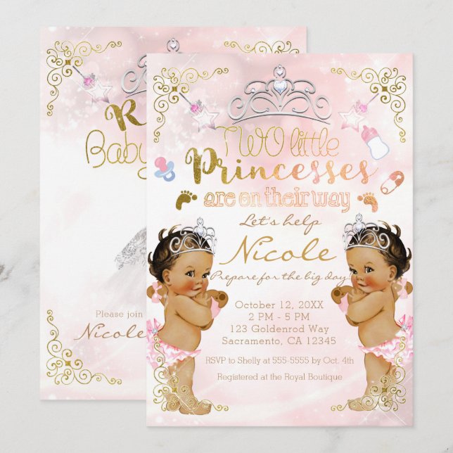 Invitation Fête de naissance de jumelles Princesse Rose Paill (Devant / Derrière)