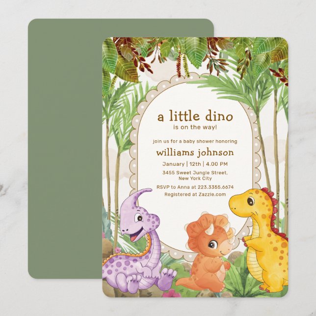 Invitation Fête de naissance de la jungle tropicale avec dino (Devant / Derrière)