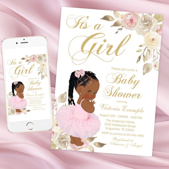 Invitation Fête de naissance de la princesse africaine en or  (Pink Gold African Princess Baby Shower Invitation. Instant download - printed invitations available.)
