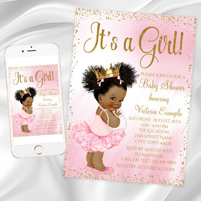 Invitation Fête de naissance de la princesse afro-américaine  (Pink Gold African American Princess Baby Shower Invitation with cute baby girl with afro hair.)