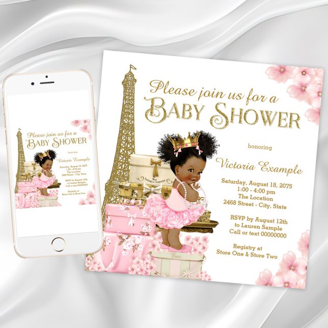 Invitation Fête de naissance de la princesse afro Paris Gold  (Girl Paris baby shower invitation. Instant download and printed invitations available.)
