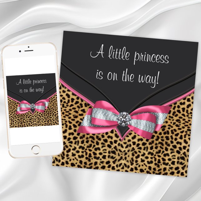Invitation Fête de naissance de la princesse au léopard rose (Leopard print baby shower invitations. Add your own text. Download and printed invitations available)