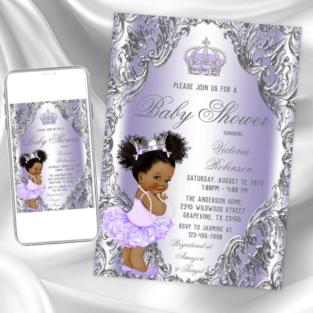 Invitation Fête de naissance de la princesse aux cheveux afro (Lavender silver baby shower invitation. Instant download and printed invitations available.)