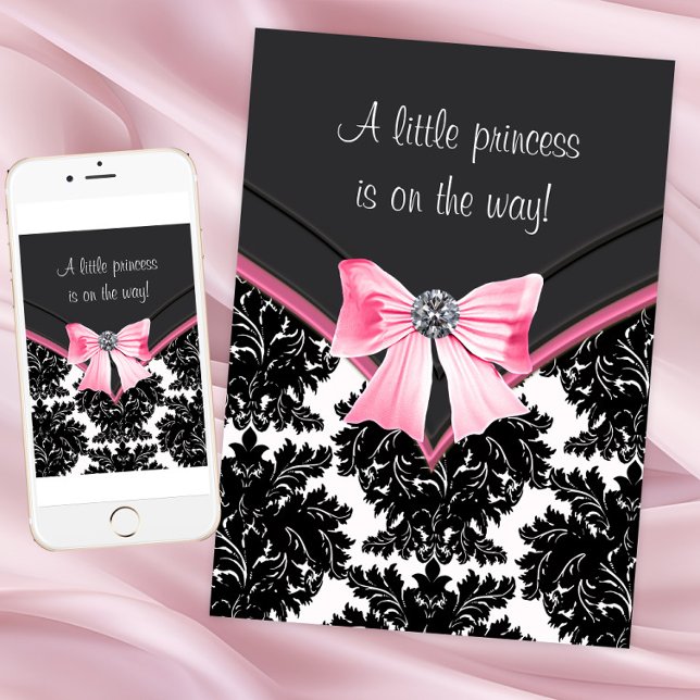 Invitation Fête de naissance de la princesse rose en damas no (Pink and black damask baby shower invitation. Change all text. Download and printed available.)