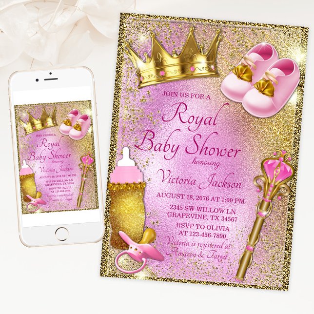 Invitation Fête de naissance de la Princesse Royale rose et o (Pink gold princess baby shower invitation with cute princess things. For print and download.)